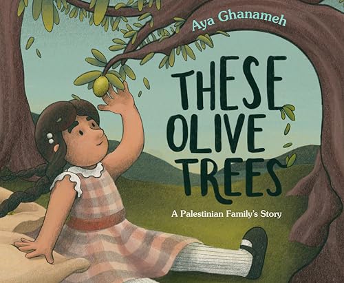 Girl reaching for olives under a tree, book cover illustration.