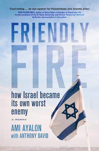 Book cover: "Friendly Fire" with Israeli flag against a cloudy sky.