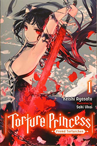 Anime-style cover: dark-haired woman with sword, red eyes, and floral background.