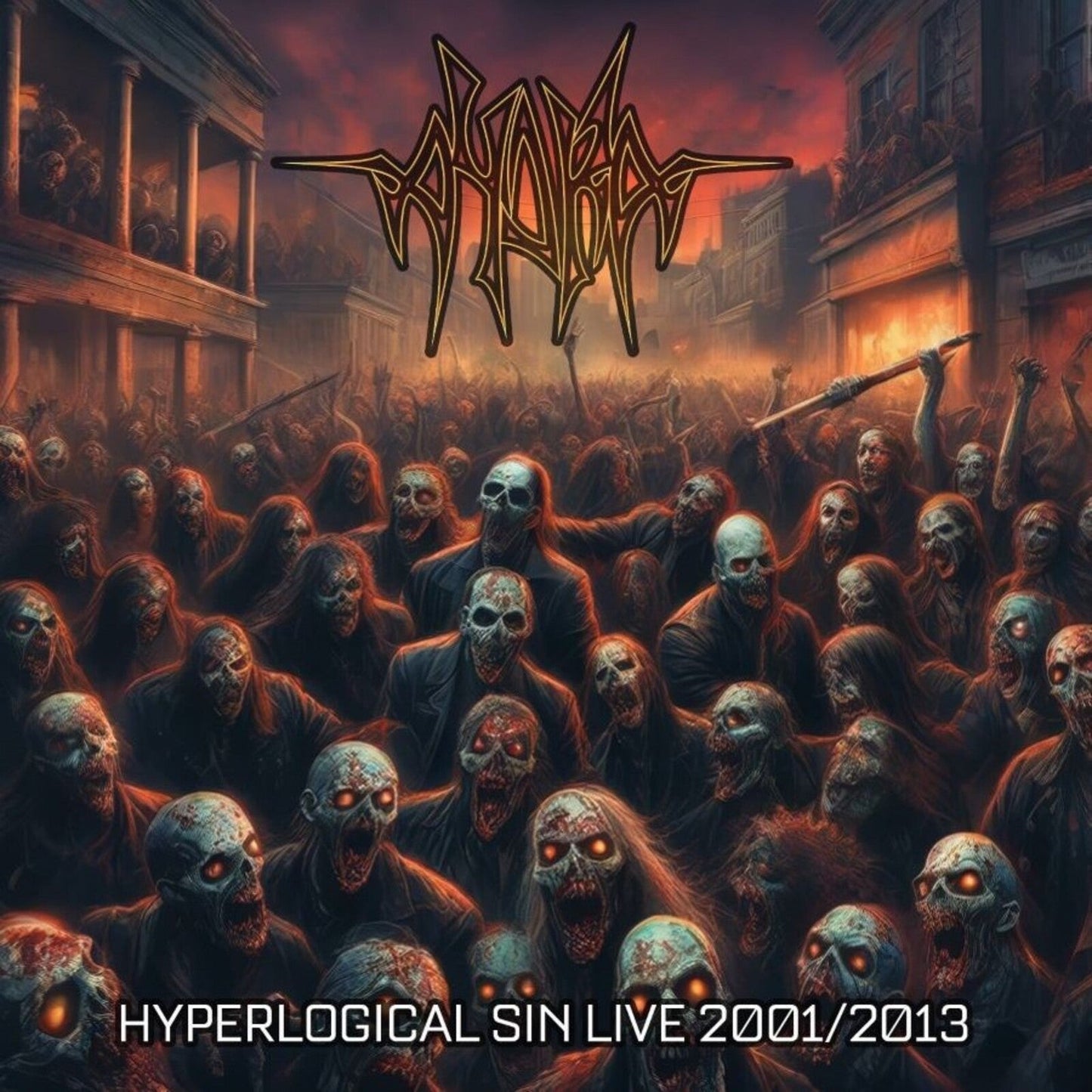 CD cover: chaotic scene of undead figures before a burning city.