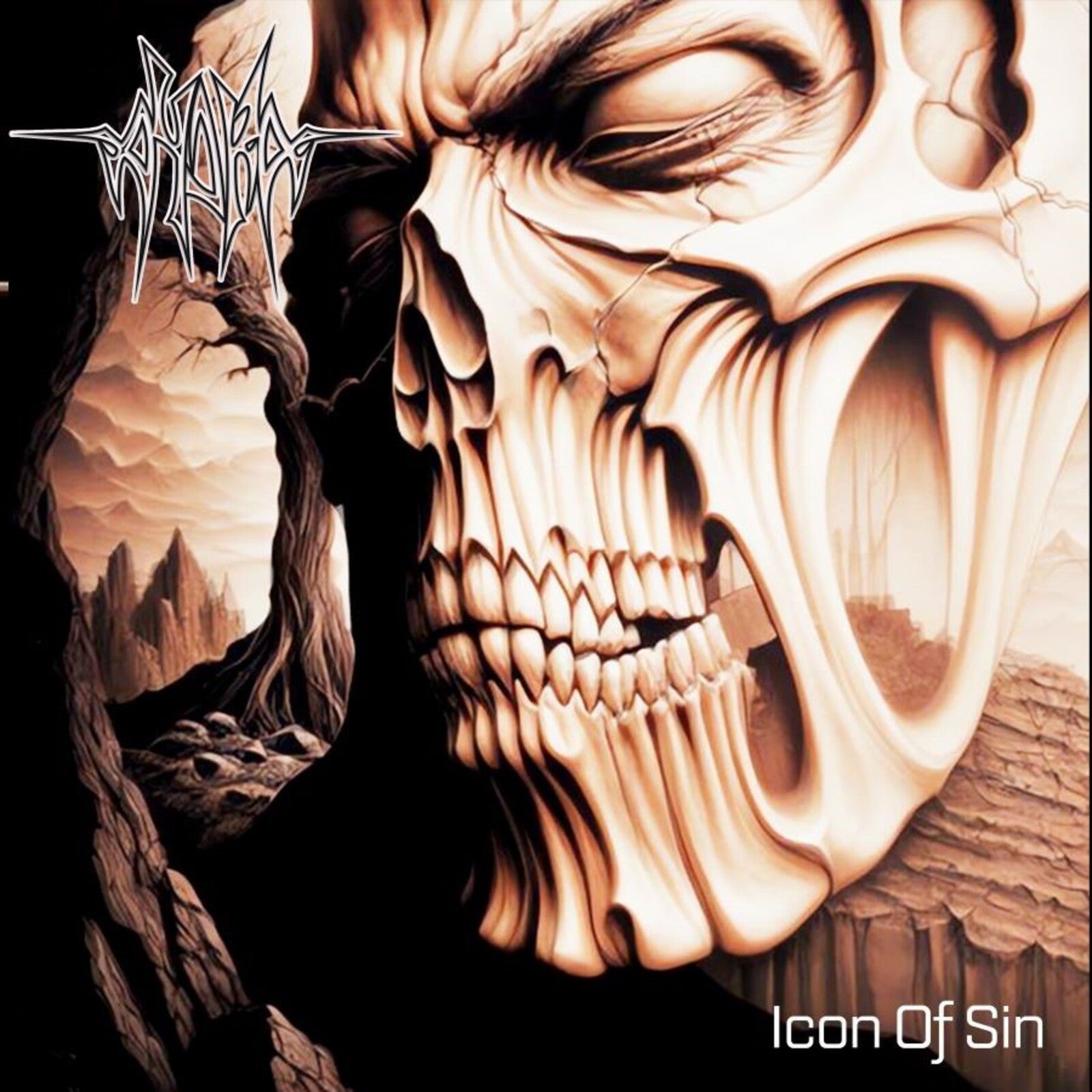 A large, pale skull dominates a dark, surreal landscape with a band logo above.