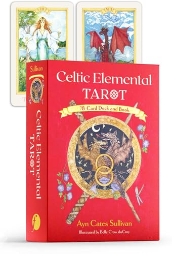 Celtic Elemental Tarot box set with two displayed tarot cards in the background.