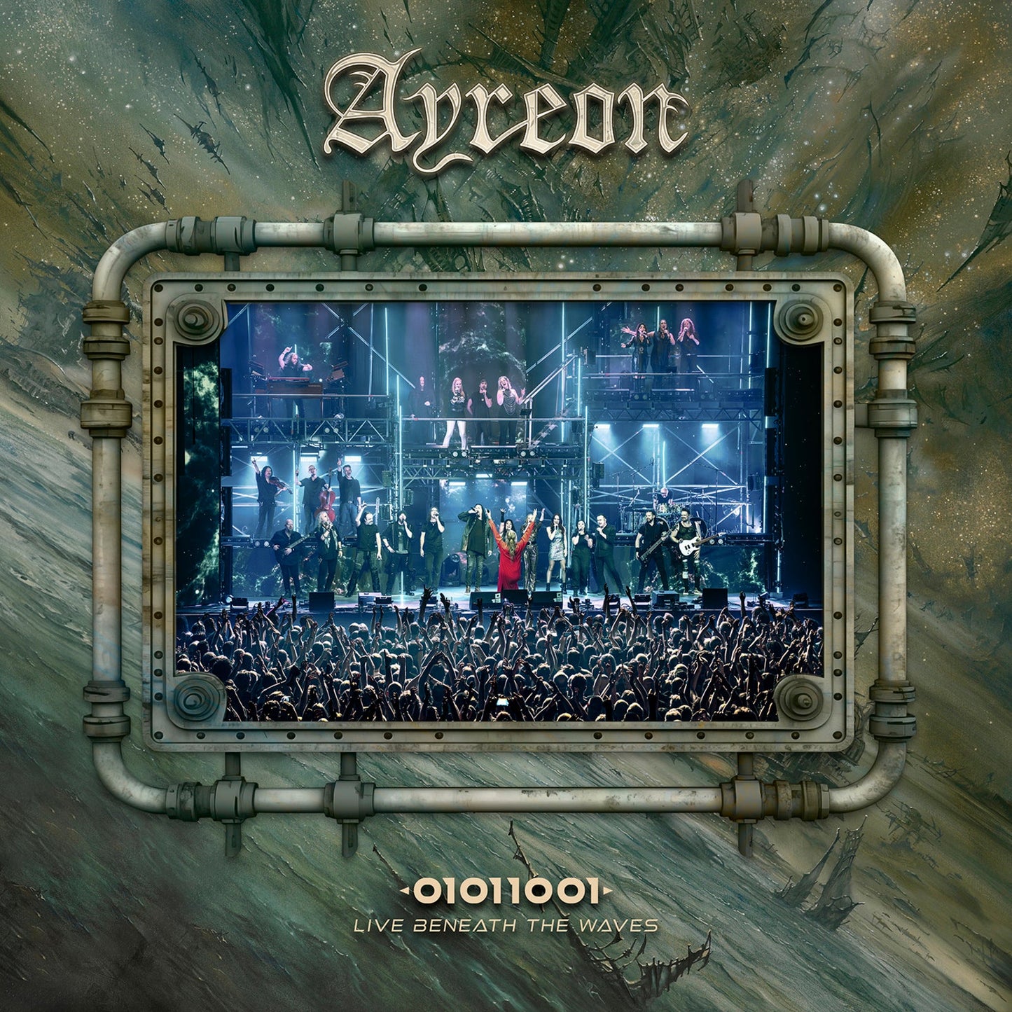 Ayreon album cover: concert stage framed by metallic pipes and binary code.