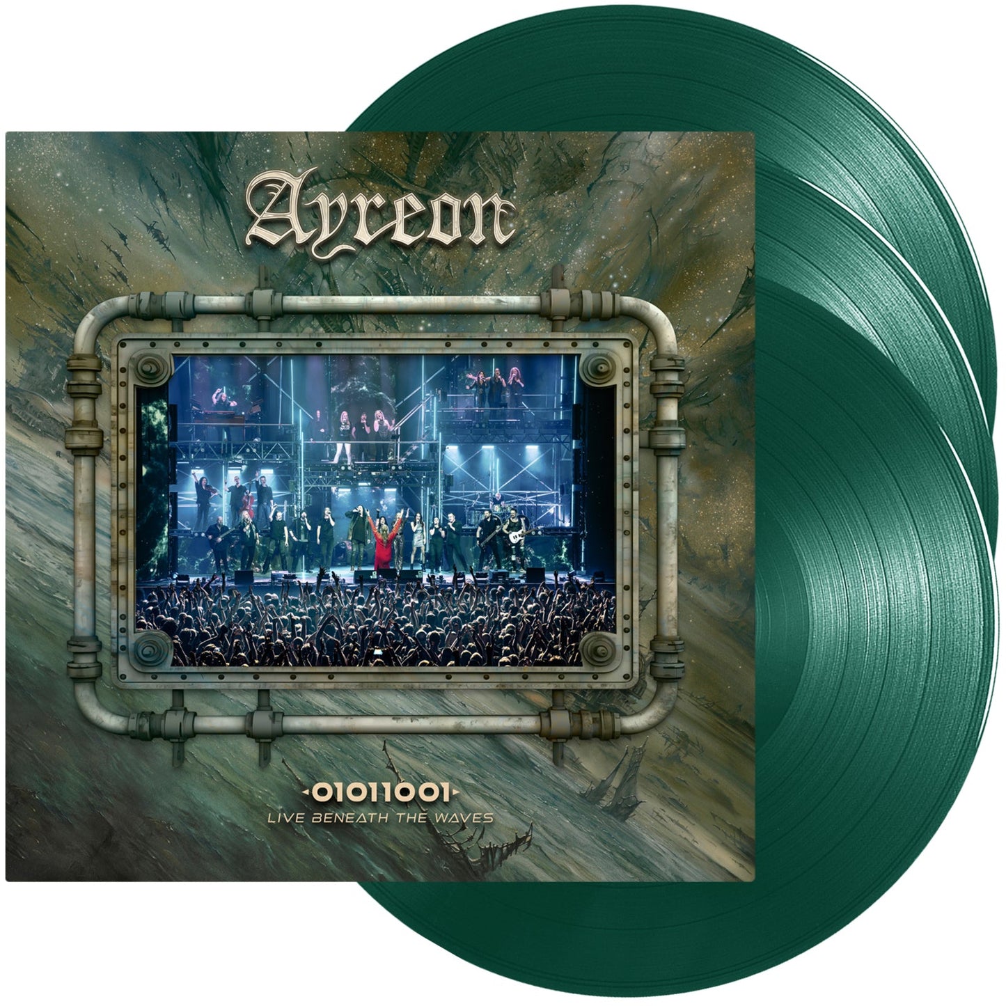 Green Ayreon vinyl record with a concert scene inside a porthole.