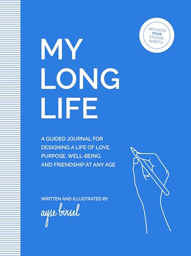 Blue journal cover with white text, “My Long Life,” and a hand drawing a pencil.