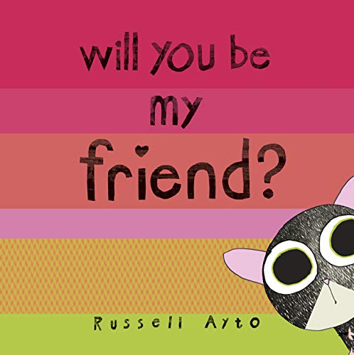 Book cover with colorful stripes and a black animal peeking in.