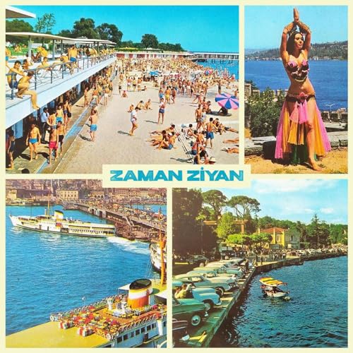 Vintage-style album cover with beach scenes, a dancer, and boats.