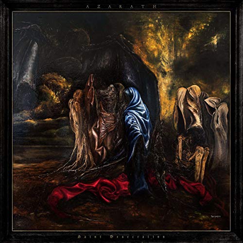 Dark, textured album cover depicting cloaked figures and a fiery background.
