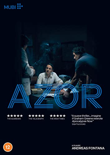 DVD cover for the film Azor, featuring three men in a dimly lit room.