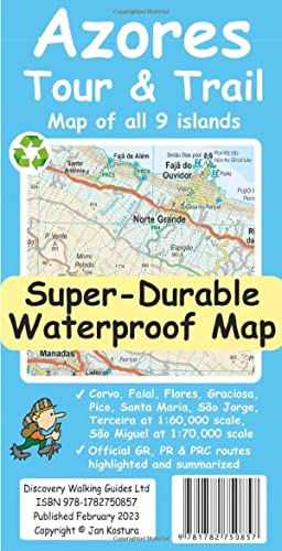 Large foldable map of Azores Islands with trails, roads, and tourist information marked.