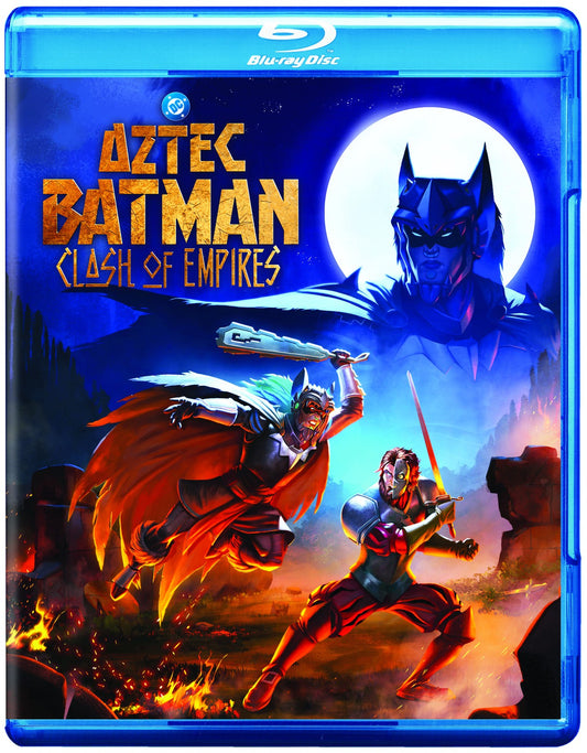 Aztec Batman: Clash of Empires" Blu-ray cover featuring Batman and Aztec warriors.