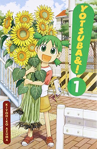 Girl hugs giant sunflowers on the cover of manga “Yotsuba&!, Vol. 1”.