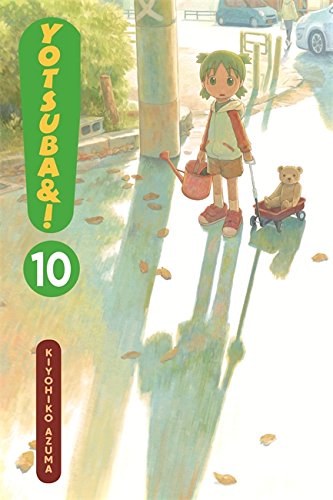 Yotsuba stands on a wet sidewalk with a watering can and a teddy bear wagon.
