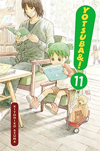 Yotsuba and her father reading books in a room with a toy wagon nearby.