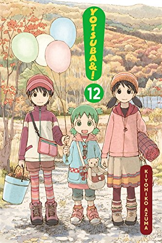 Three children stand in an autumn landscape holding balloons, a bucket, and a teddy bear.