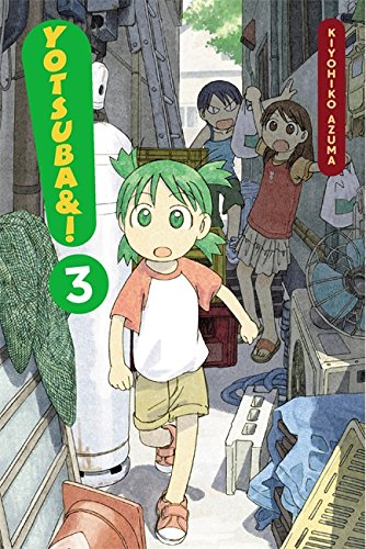 Manga cover showing Yotsuba walking through a cluttered alleyway with two other girls behind.
