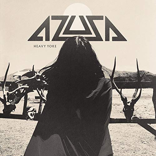 Album cover for Azusa's "Heavy Yoke" featuring a person and deer skulls.
