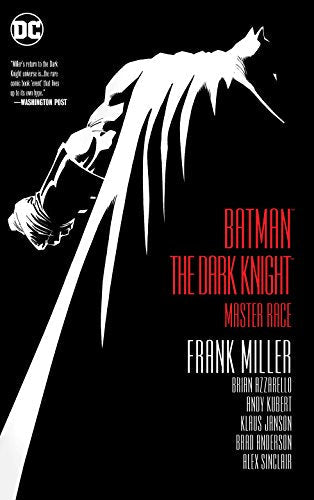 High-contrast black and white illustration of Batman with red text on a black background.