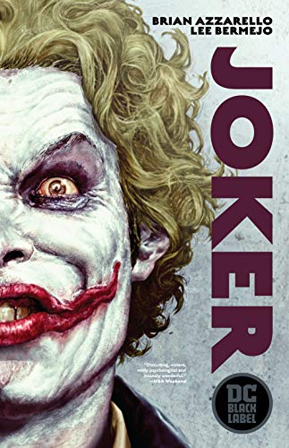 Close-up of The Joker’s painted face with red smile and wild green hair.
