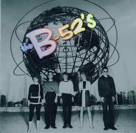 B-52's album cover featuring the band and a wireframe globe.