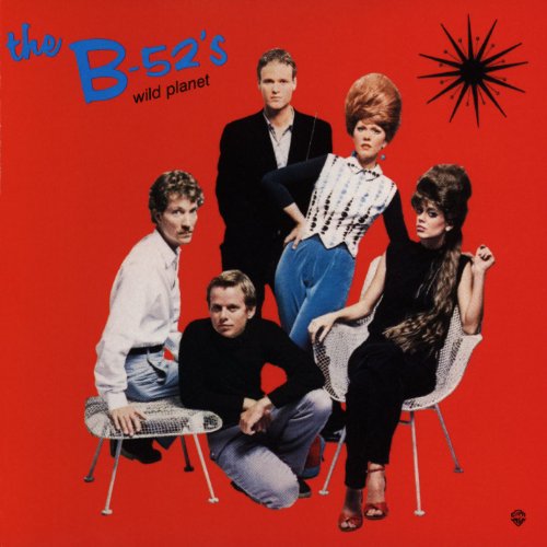 The B-52's band members on a red background, album cover art.