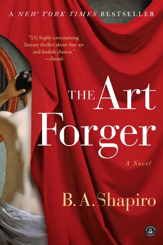 Book cover: “The Art Forger” with red fabric and a woman’s back.
