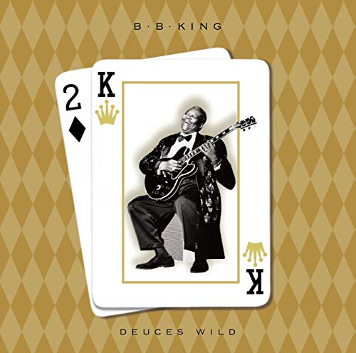B.B. King playing guitar on a king playing card over a diamond pattern background.