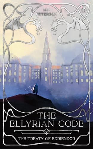 Book cover featuring a silhouetted figure before a castle, framed by silver dragon illustrations.