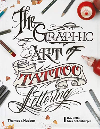 Book cover with ornate tattoo-style lettering and art supplies around it.