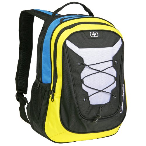 Yellow and blue backpack with black accents and bungee cords.