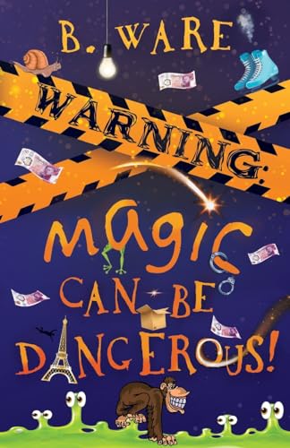 Book cover with yellow caution tape, floating objects, and a monkey on green slime.