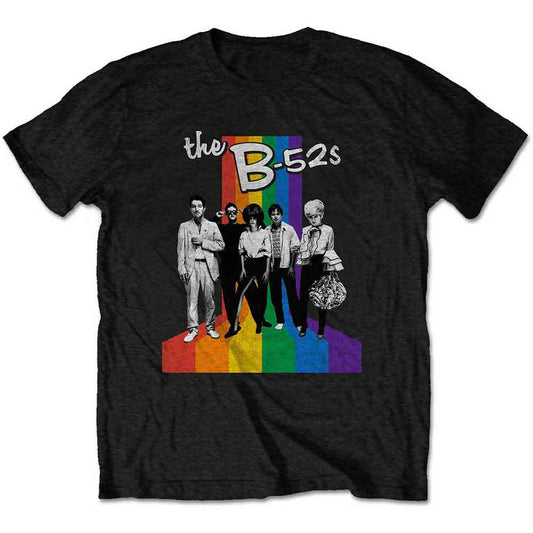 Unisex t-shirt featuring horizontal rainbow stripes and a B52s logo on the front.