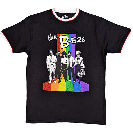 B52s ringer t-shirt, large size, with colorful rainbow stripes.