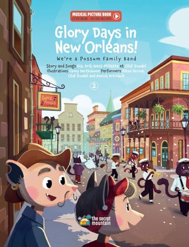Illustrated book cover showing a possum family band performing on a New Orleans street.