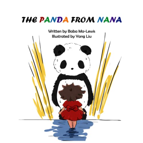 Book cover: panda with a small child, yellow rays, dark background.