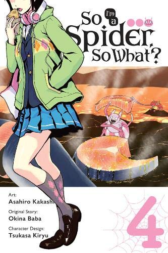 Manga cover: girl in school uniform, spider creature, fiery landscape, volume 4.
