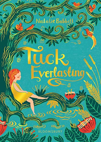 Book cover for "Tuck Everlasting" with a girl under a tree and birds.