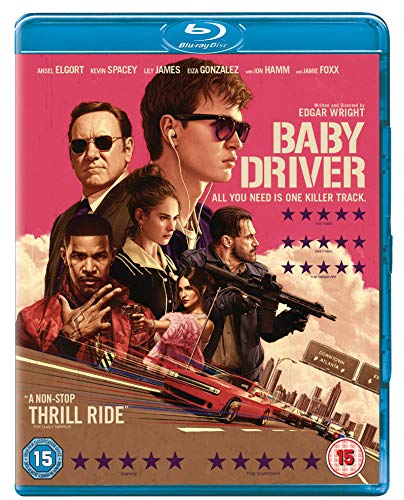 Blu-ray cover art for Baby Driver featuring the cast against a pink sky background.