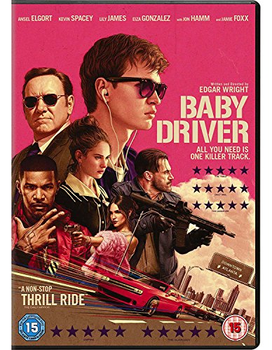 DVD cover for Baby Driver featuring the cast, a red car, and pink background.
