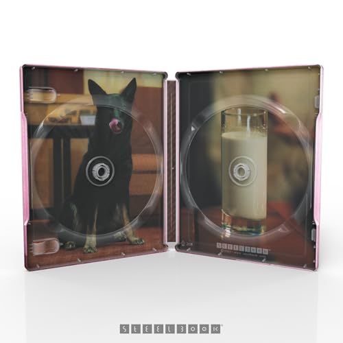 Open steelbook case displaying a dog and a glass of milk.