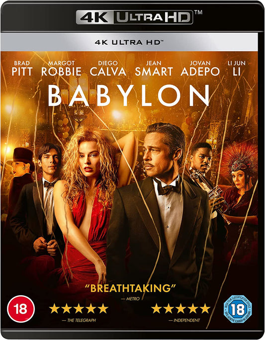 Babylon" Blu-ray cover featuring Brad Pitt, Margot Robbie, and cast members.