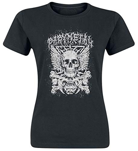 Black t-shirt with a white skull, wings, and eye graphic design.