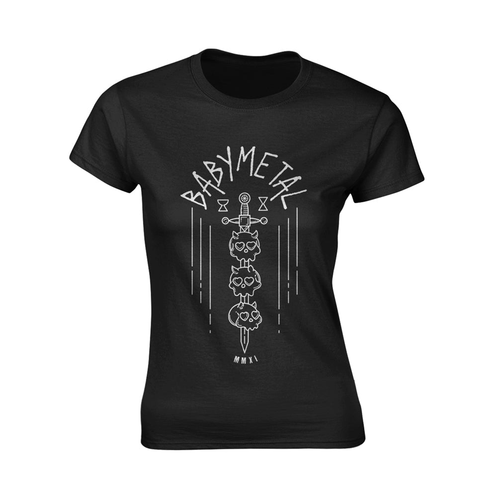Black t-shirt featuring a white graphic of a sword piercing three skulls with text.