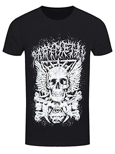 Black t-shirt with a white skull, wings, and eye graphic.