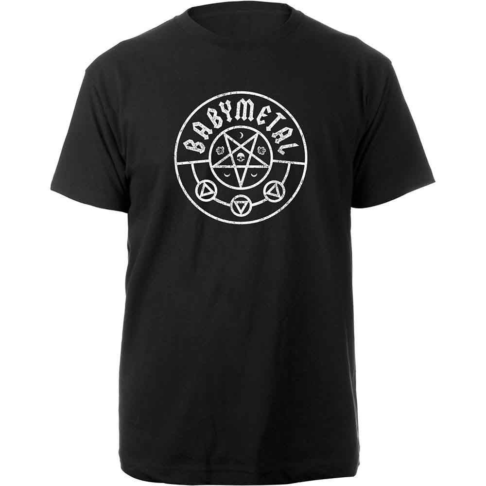 Black t-shirt with a white pentagram and "BABYMETAL" text design.