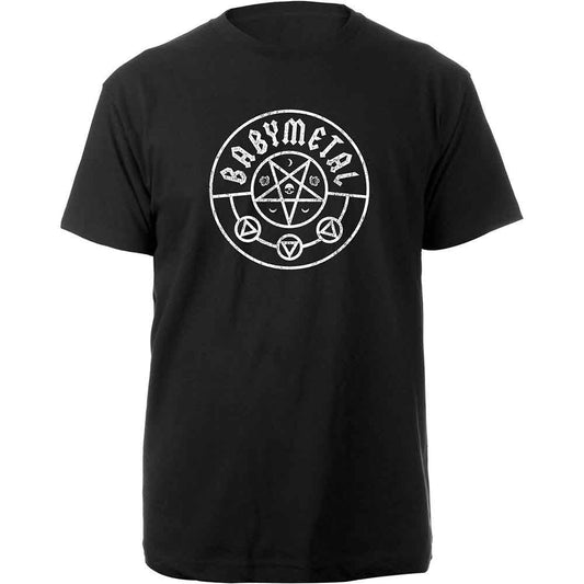 Black t-shirt with a white pentagram and "BABYMETAL" text design.