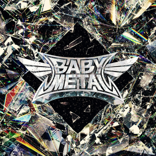 BABYMETAL logo over a black background with shattered, colorful glass effect.
