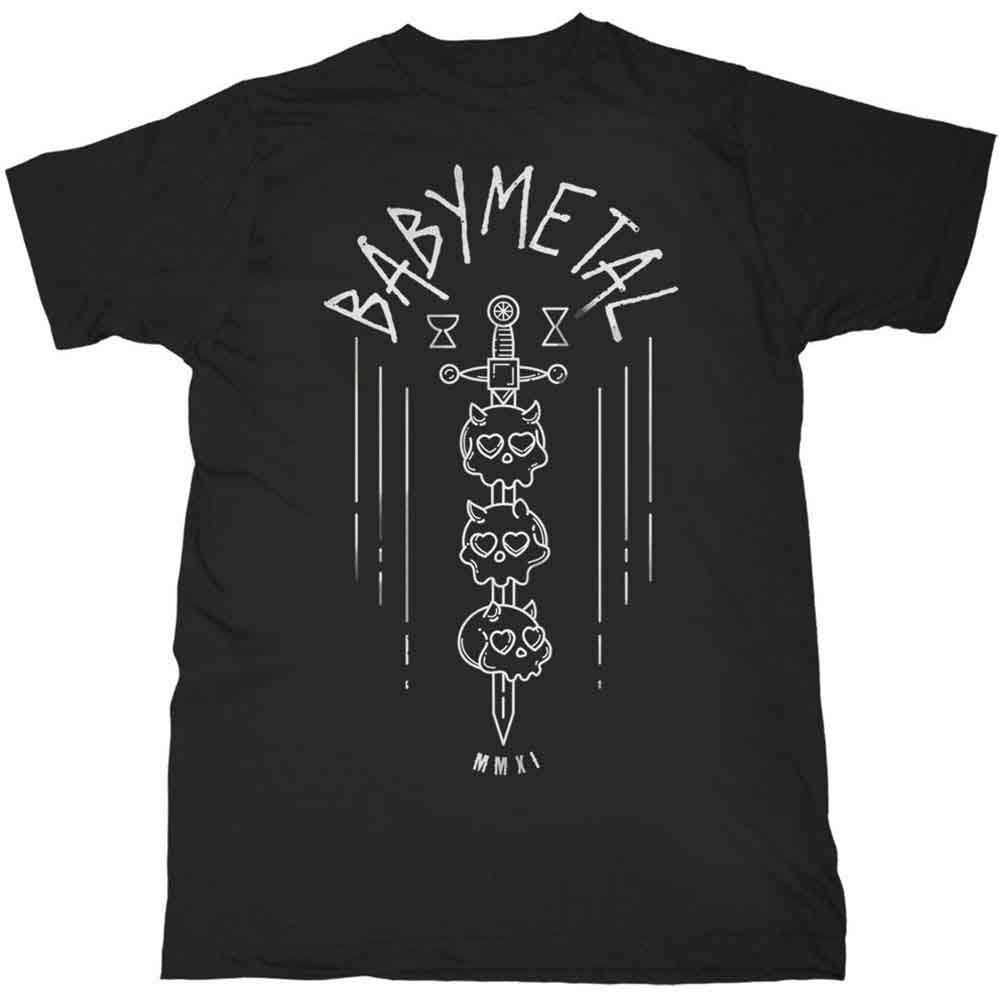 Black Babymetal t-shirt with skull and sword graphic, modeled on a man.