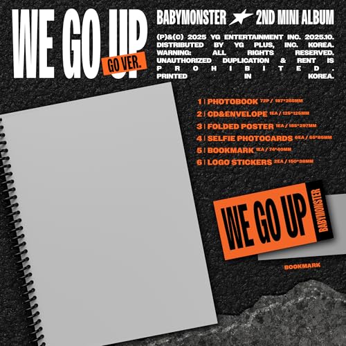 Babymonster We Go Up album contents list on a black textured background.