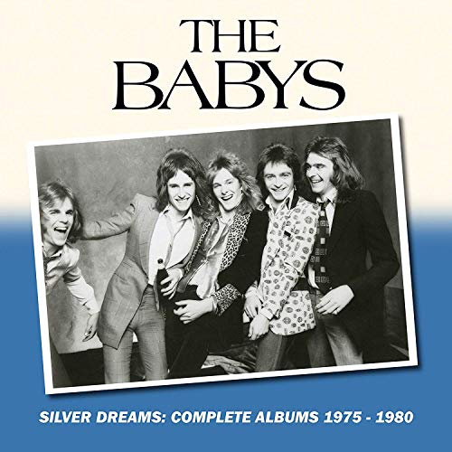 "Album cover with black and white photo of five band members on blue and white background."